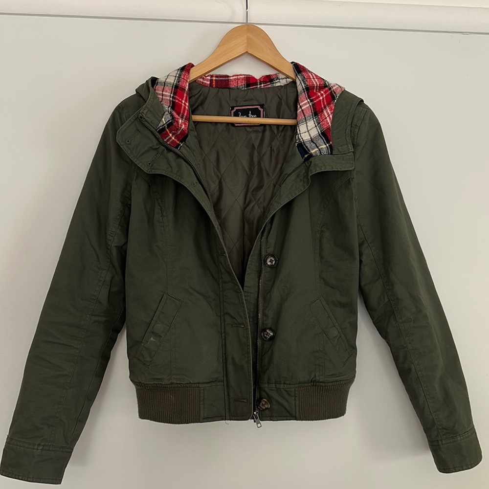 Love Tree Olive Green Hooded Jacket with Plaid Lining